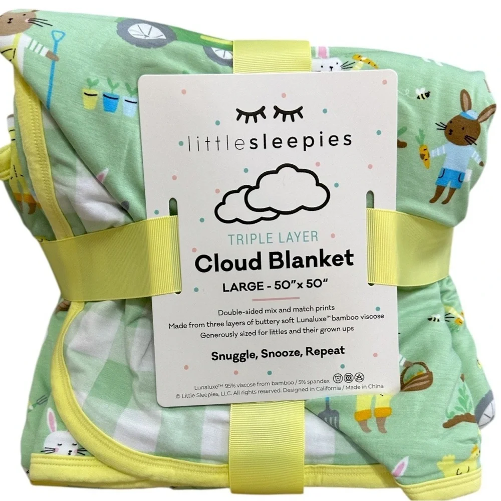New Little Sleepies Easter Cloud Blanket RARE Bunny Carrot Garden Lg Reversible